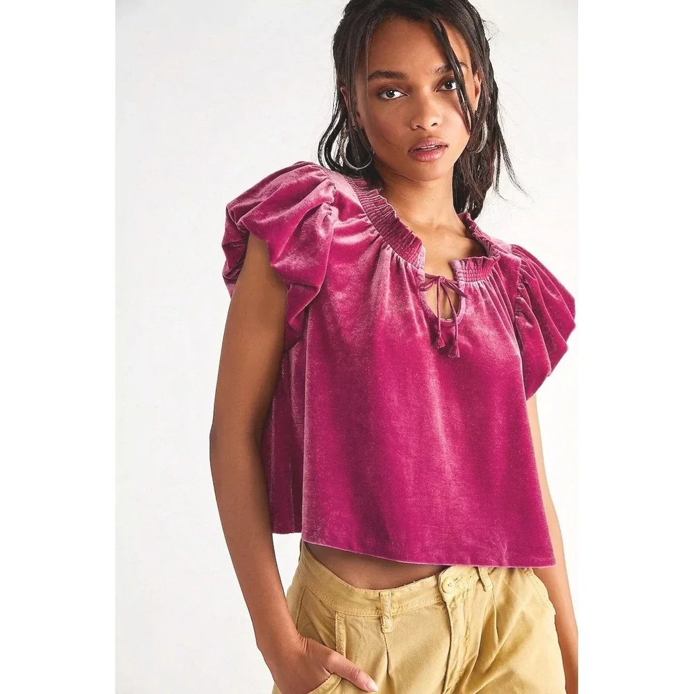 Free People Terese Velvet Top Ruffle Neck Puff Sleeve Magenta Pink Large